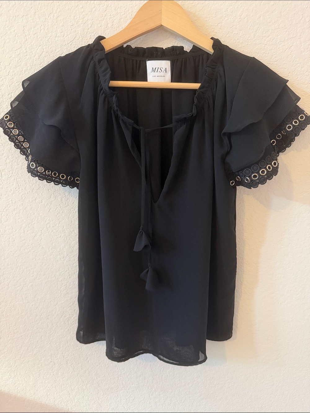 MISA Los Angeles Black Flutter Ruffle Sleeve Grommet Tie Neck Blouse Boho S